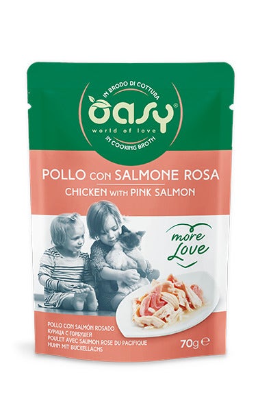 Oasy Wet Cat More Love Pollo Con Salmone Rosa Cibo Umido Per Gatti Adulti 70g