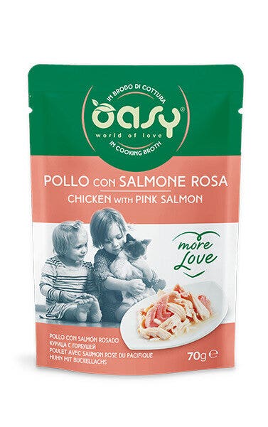 Oasy Wet Cat More Love Pollo Con Salmone Rosa Cibo Umido Per Gatti Adulti 70g