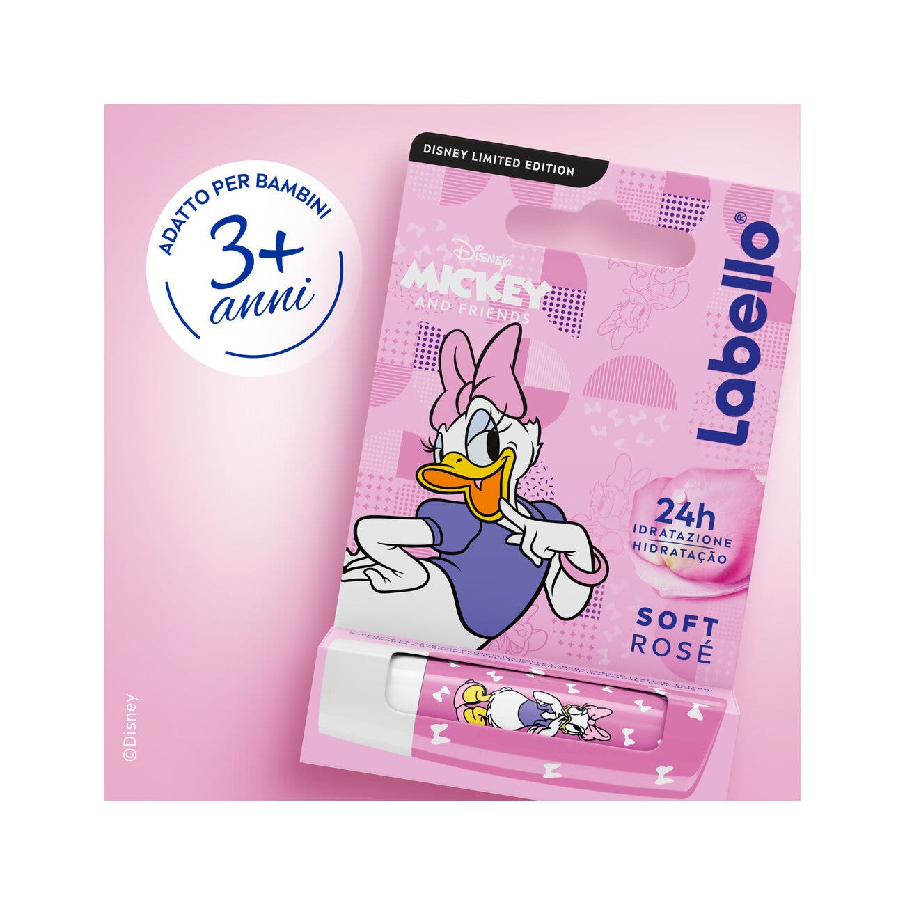 Labello Soft Rosé Disney Édition Limitée Daisy Duck Baume à lèvres coloré et hydratant 4,8 g