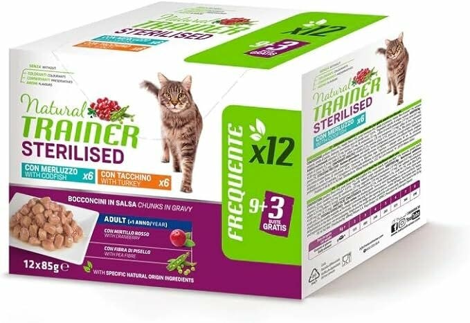 Natural Trainer Chat Multipack Stérilisé à la dinde et au cabillaud, bouchées en sauce, 12 x 85 g