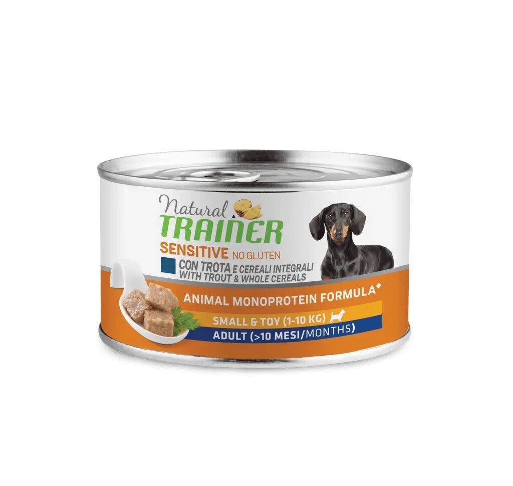 Natural Trainer Chien Sensitive Sans Gluten Small & Toy Adult à la truite et aux céréales complètes 150 g
