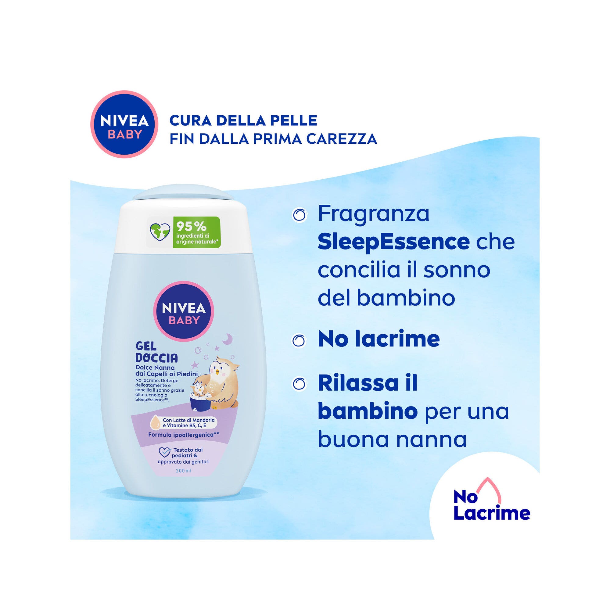 Nivea Baby Gel douche Dolce Nanna, des cheveux aux pieds, nettoyant pour le corps et les cheveux du nouveau-né, 200 ml