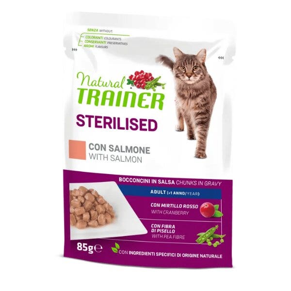 Natural Trainer Adult Sterilised Saumon, bouchées en sauce, sachet de 85 g