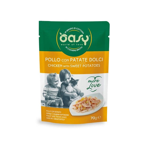 Oasy More Love Poulet aux Patates Douces dans un Bouillon de Cuisson, Nourriture Humide pour Chats Adultes 70 g