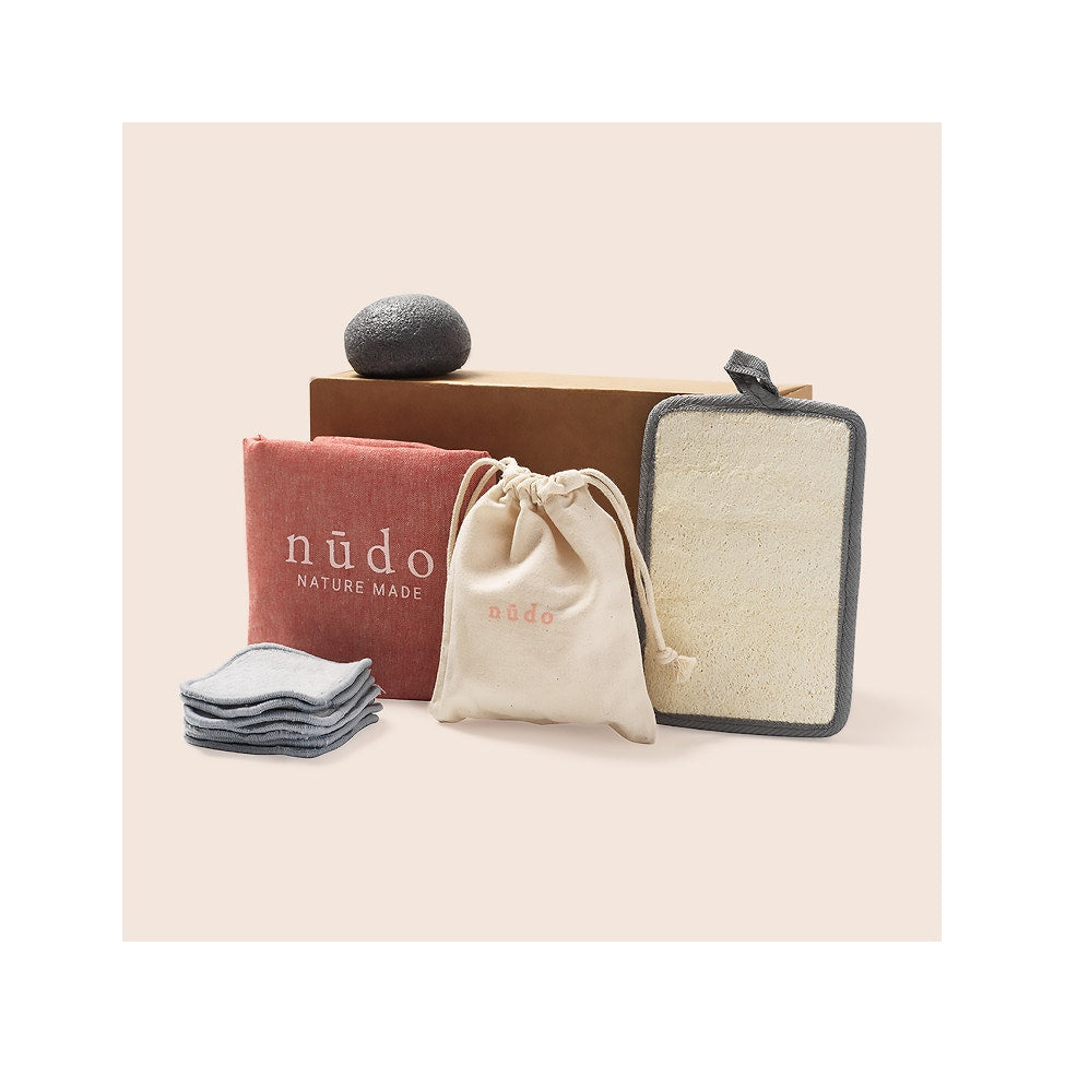 Nudo Kit Skin Essentials : disques démaquillants + éponge + gant exfoliant + sac en coton