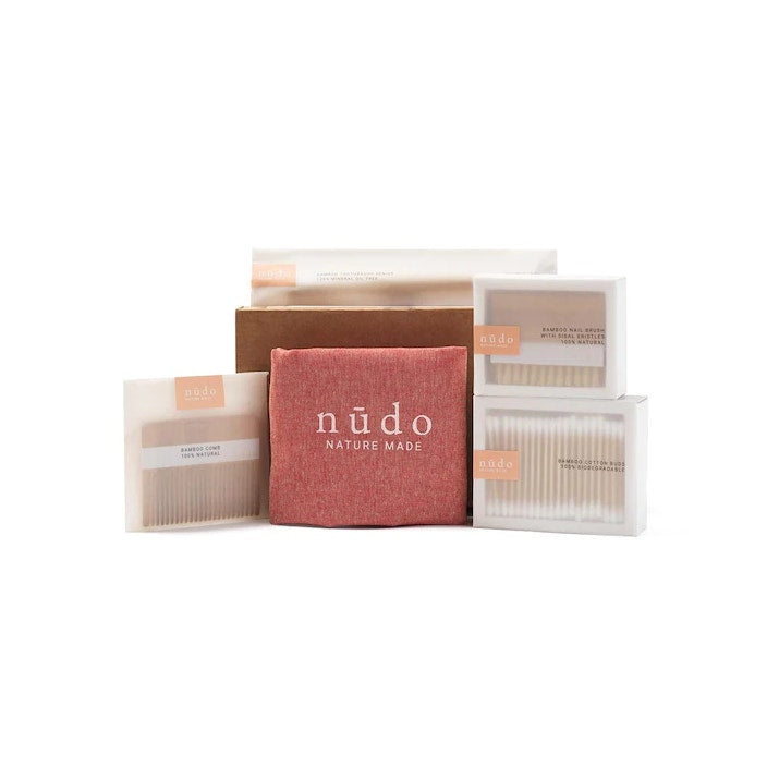 Kit Nudo Bamboo Essentials : coton-tige + brosse à dents + peigne + brosse à ongles + sac en coton