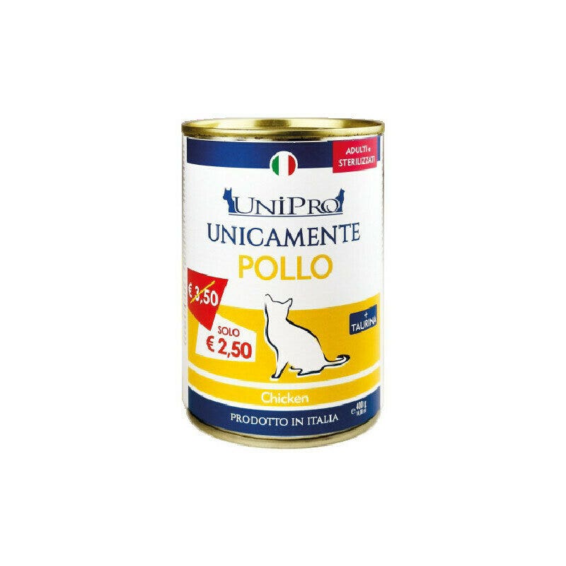Unipro Unicamente Poulet Nourriture humide pour chats adultes stérilisés Pot de 400 g
