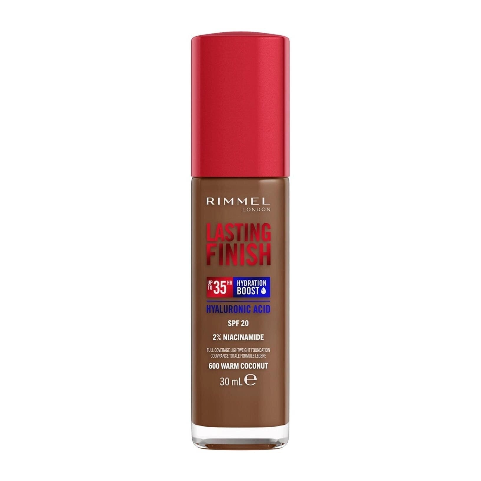 Fond de teint Rimmel Lasting Finish 35h à l'acide hyaluronique 600 Warm Coconut 30 ml