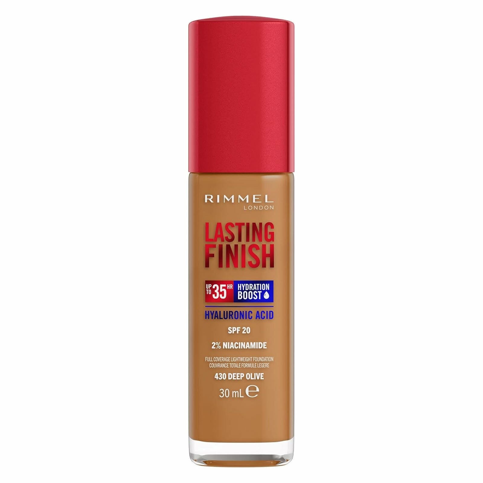 Fond de teint Rimmel Lasting Finish 35h à l'acide hyaluronique 430 Deep Olive 30 ml