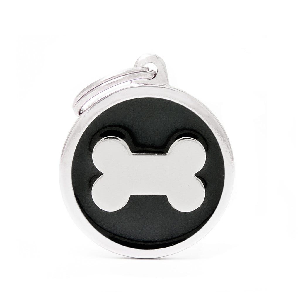 Médaille personnalisée pour chiens et chats, forme cercle avec os, noire, grande taille