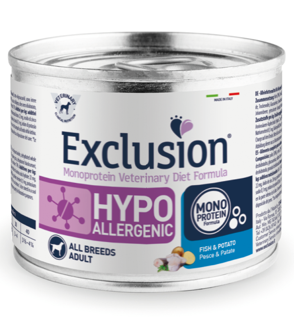 Exclusion Veterinary Diet Formula Hypoallergenic pour chiens Poisson/Pommes de terre Boîte 200 g