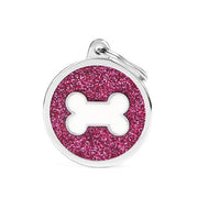 Medaglietta Per Cani E Gatti Personalizzata Osso In Alluminio Cerchio Grande Con Glitter Rosa E Osso Bianco
