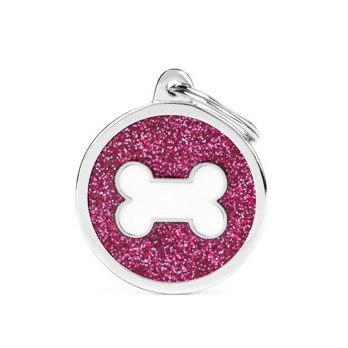 Medaglietta Per Cani E Gatti Personalizzata Osso In Alluminio Cerchio Grande Con Glitter Rosa E Osso Bianco