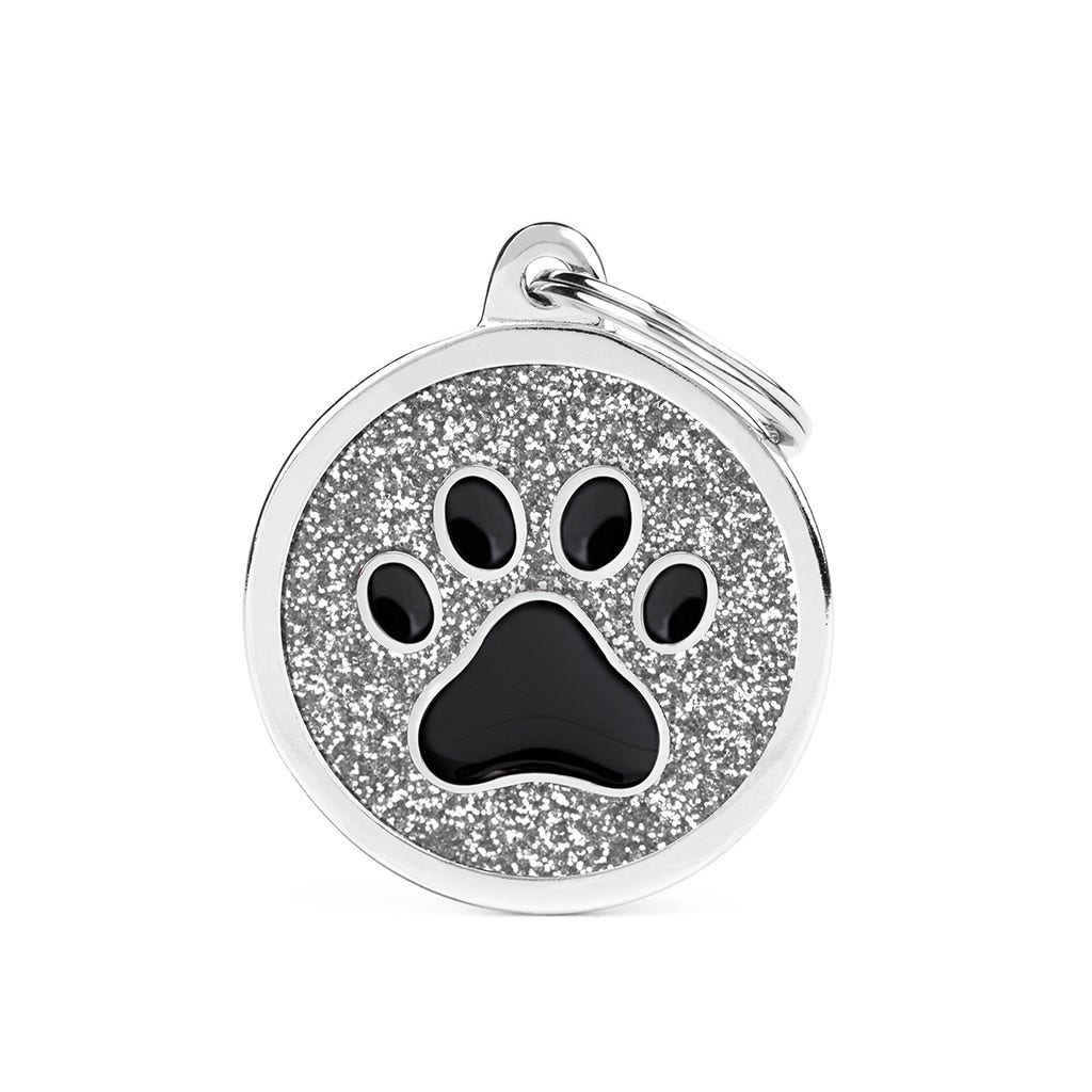 Médaille personnalisée pour chiens et chats, cercle à paillettes avec patte noire, grande taille