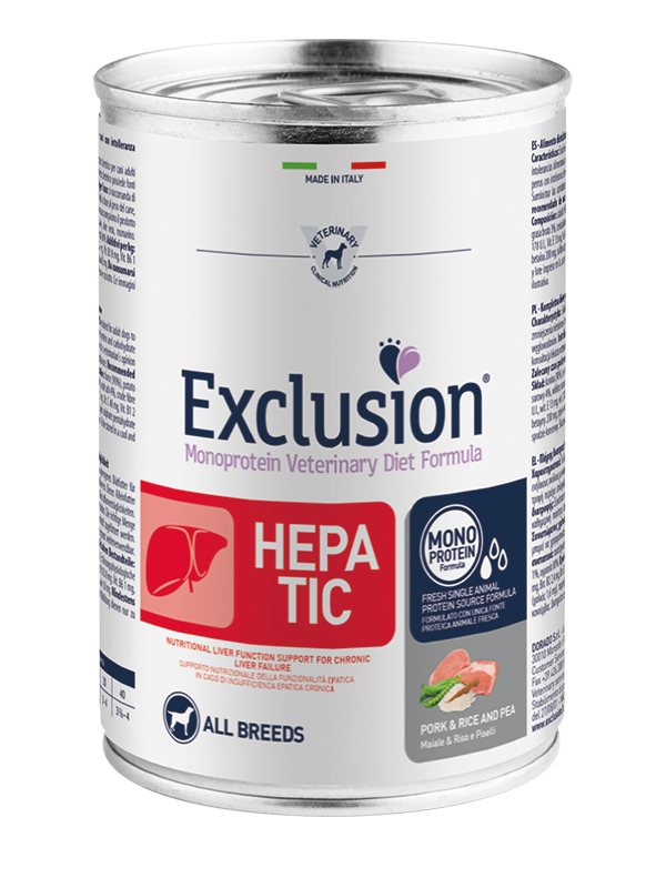 Exclusion Veterinary Diet Hepatic Porc, Riz et Pois pour Chiens Adultes, Boîte de 400 g