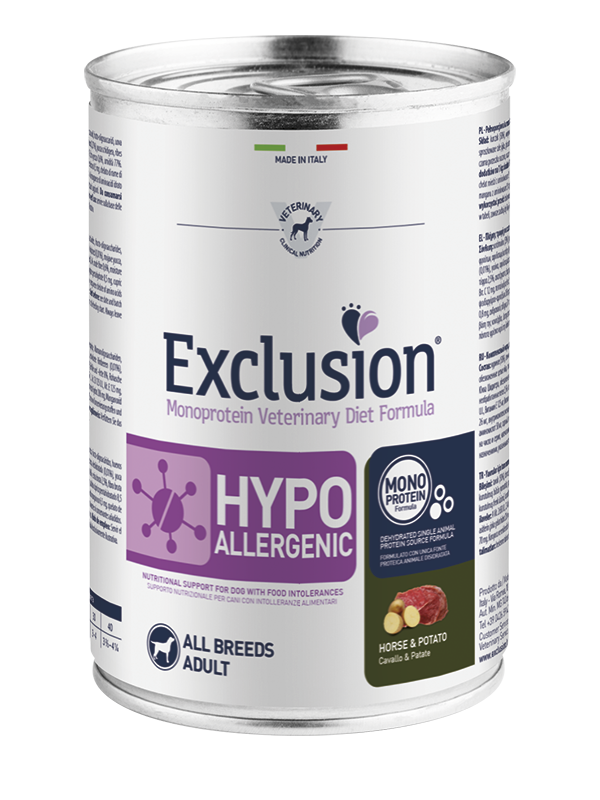 Exclusion Veterinary Diet Formula Hypoallergenic pour chiens, cheval/pommes de terre, boîte de 400 g