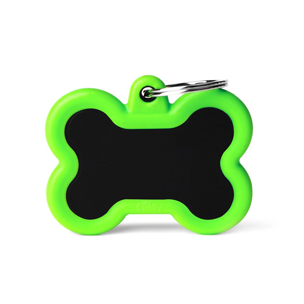 Médaille personnalisée pour chiens et chats en forme d'os, en aluminium noir avec caoutchouc vert