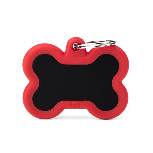Médaille personnalisée pour chiens et chats en forme d'os en aluminium noir avec caoutchouc rouge