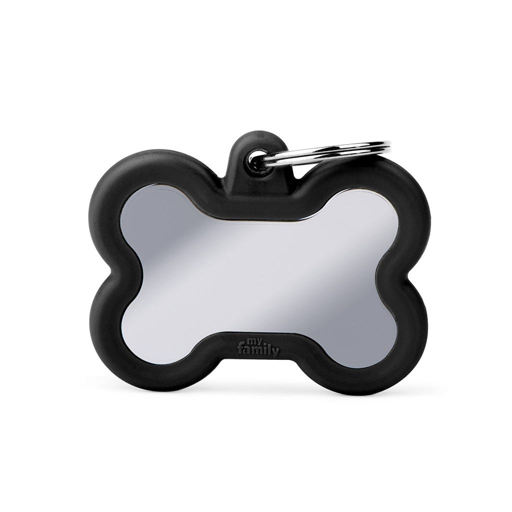 Médaille personnalisée pour chiens et chats « Os » en laiton chromé avec caoutchouc noir