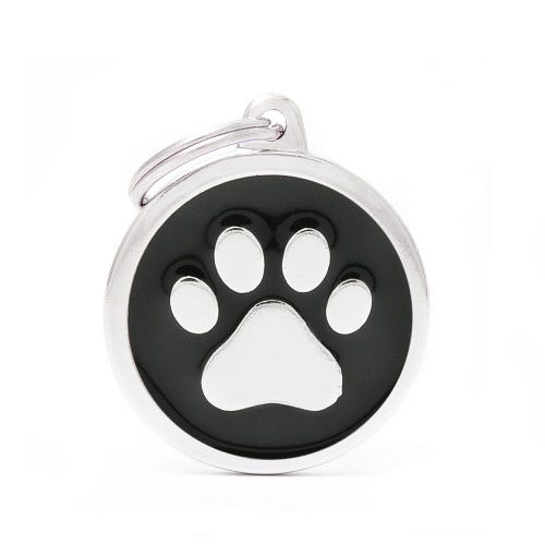 Médaille personnalisée pour chiens et chats en forme de cercle avec patte, couleur noire, grande taille