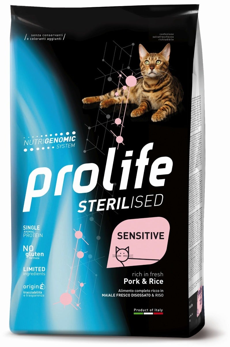 Prolife Sterilised Sensitive Porc frais et riz, croquettes pour chats adultes, 1,5 kg