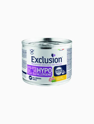 Exclusion Veterinary Diet Formula Hypoallergénique pour chiens Caille/Pois Boîte de 200 g