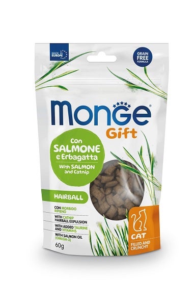 Monge Filled & Crunchy Hairball Snack pour chats au saumon et à l'herbe de chat 60 g