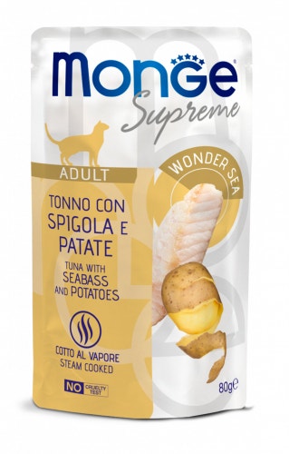 Monge Supreme Morceaux de thon au bar et pommes de terre pour chats adultes, sachet de 80 g